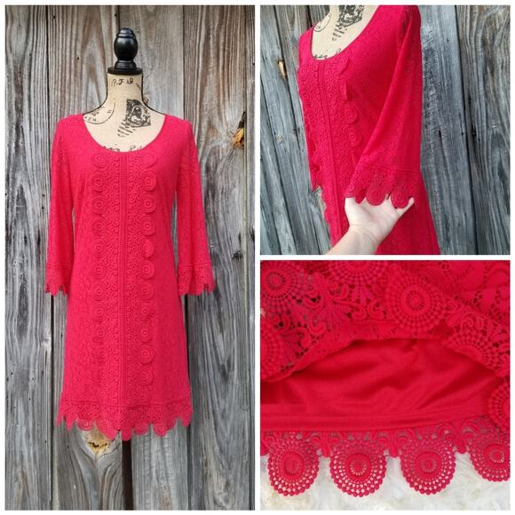 Red Lace Crochet Dress Laundry Shelli Segal Size 6 Scallop Edge Flare Sleeve NWT - Picture 5 of 9